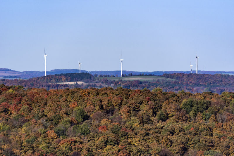 MADISON, New York - 2015/10/11: Wind farm with autumn color.