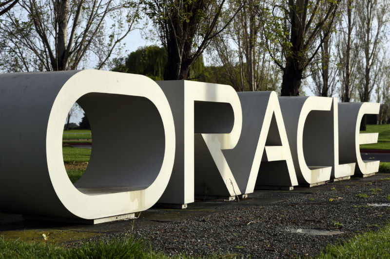 Signage stands at the Oracle Corp. headquarters campus in Redwood City, California, on March 14, 2016.