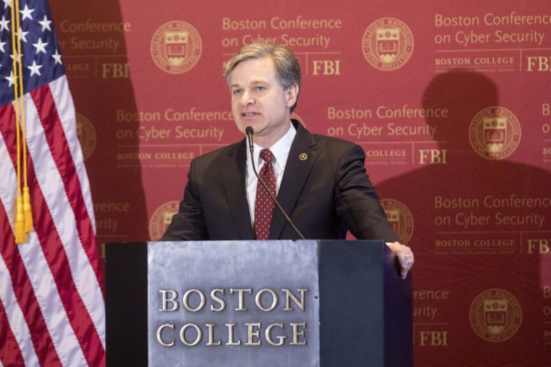 FBI Director Christopher Wray spoke at Boston College on March 7, 2018 in Boston, Massachusetts.