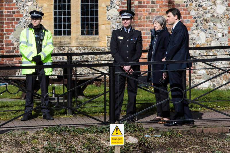 British Prime Minister Theresa May at the location in Salisbury visited by Sergei Skripal and his daughter Yulia before they were found on a nearby bench in March. British intelligence traced the nerve agent used to a Russian facility in the closed city of Shikhany.