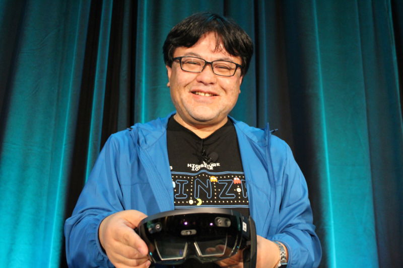 Bandai Namco Creative Director Hirofumi Motoyama shows off his Hololens at the 2018 Game Developers Conference.