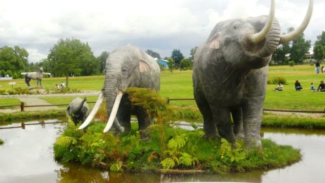 <em>Gomphotheres</em> look like elephants but aren't closely related. These models stand outside a museum in Chile.