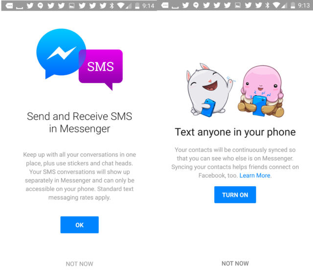 This is how Facebook Messenger asks to gain access to your contacts, SMS, and phone call logs now. It's not obvious that call logs are part of either of these asks.