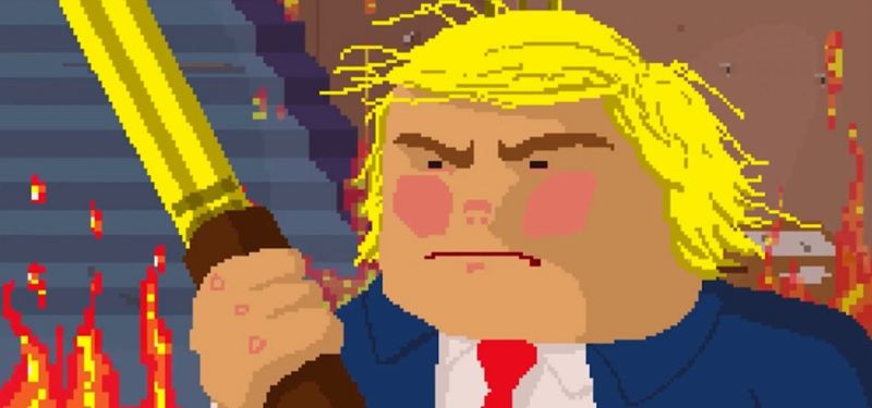 Trump as he appears in a satirical, video-game-styled animation <em>Donald Trump: Fired Up!</em>