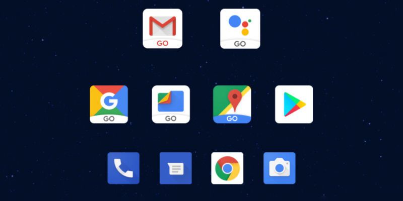 Android Go icons on a smartphone screen.