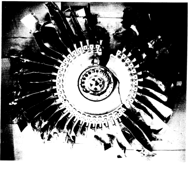 Image of the remains of the rear engine fan of UAL Flight 232, a DC-10 that crashed in Sioux City in 1989, from a National Safety Commission report.