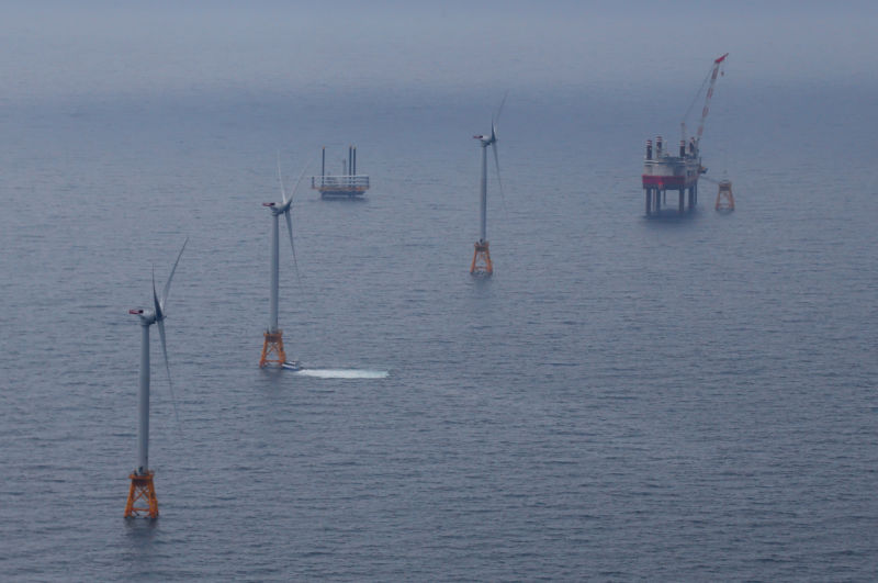 BLOCK ISLAND, RI - AUGUST 11: Offshore turbines are constructed three miles off Block Island, RI. The nation's first off-shore wind farm is nearing completion, a milestone that clean energy advocates hope will usher in a new era of wind power. (Photo by David L. Ryan/The Boston Globe via Getty Images)