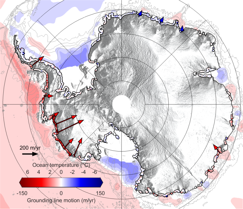 Migration of glacier groundlines between 2010 and 2016, showing ocean temperatures.