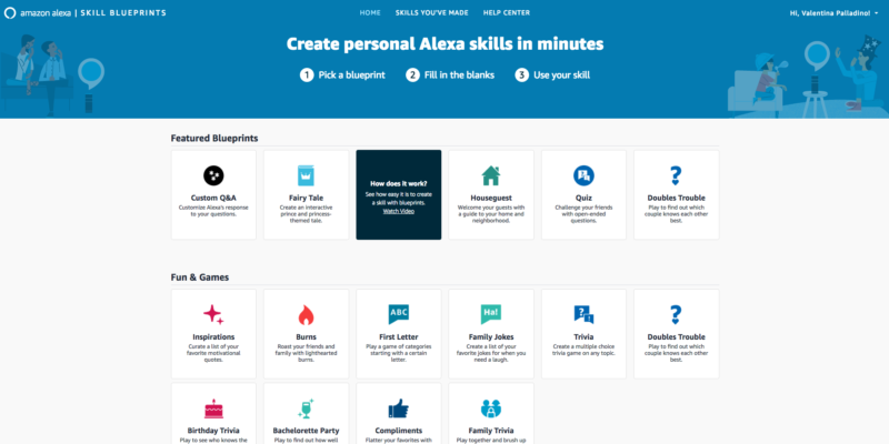 Homepage of the Alexa Blueprints webpage