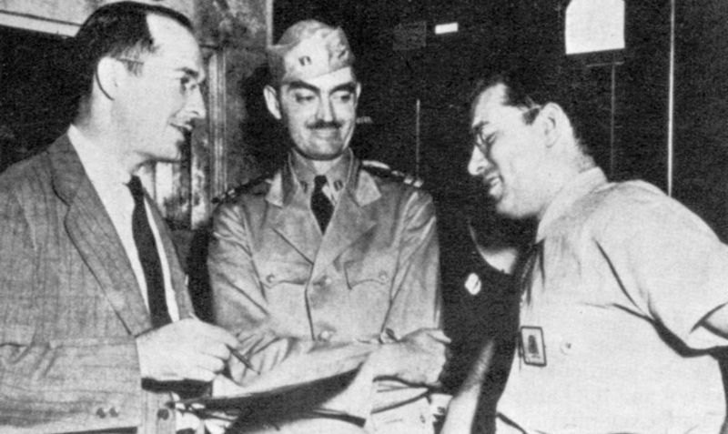 Robert Heinlein, L. Sprague de Camp, and Isaac Asimov, Philadelphia Navy Yard, 1944.