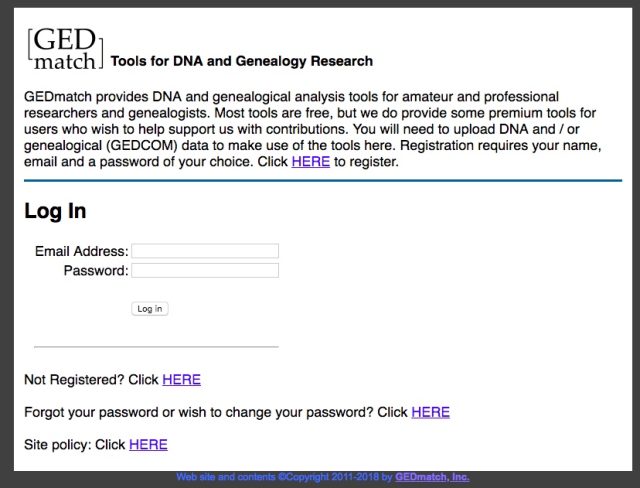 A screenshot of the GEDmatch website.