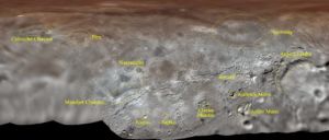 The new features highlighted on a projection of Charon's surface.