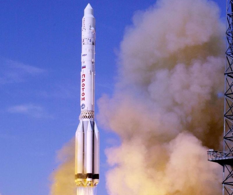 A Russian 3-stage Proton rocket blasts into the sky in 2000.