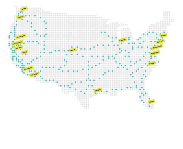 The map of Electrify America's network at the end of 2019.