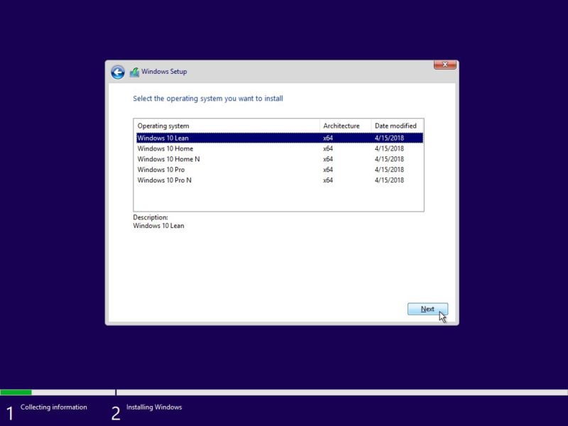Windows 10 Lean on offer within the Windows 10 installer.