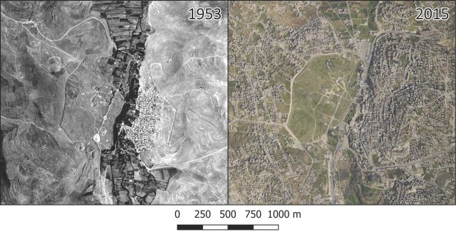These are aerial photos from 1953 (left) and 2015 (right) showing rapid growth in Jerash, particularly in the eastern part of the city and much of the immediate area.