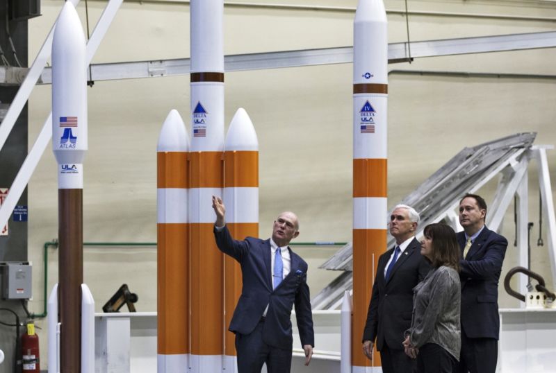 United Launch Alliance president and CEO Tory Bruno leads a tour in Cape Canaveral, Fla., for Vice President Mike Pence, his wife, Karen Pence, and then-NASA Acting Administrator Robert Lightfoot on Feb. 20, 2018.
