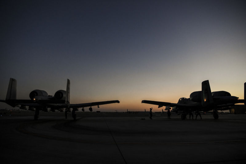 KANDAHAR, Afghanistan (May 21, 2018)—Two US Air Force A-10 Thunderbolt IIs, assigned to the 163rd Fighter Squadron, begin to taxi on the flightline at Kandahar Airfield, Afghanistan, May 21, 2018. Many A-10s are reaching the flight-hour limits of their wings; the Air Force is now launching a procurement program to buy 112 new sets. (US Air Force Photo by Staff Sgt. Corey Hook)