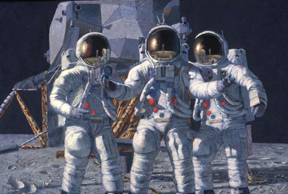 <em>The Fantasy,</em> a painting by Alan Bean, showing the entire crew of Apollo 12 on the Moon. CMP Dick Gordon, center, appears surprised to be there.