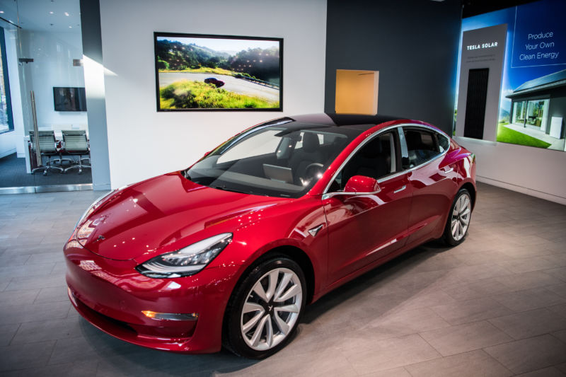 Tesla's new Model 3 car on display is seen on Friday, January 26, 2018 at the Tesla store in Washington, DC.