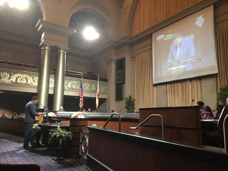 Brian Hofer, the chair of the Privacy Advisory Commission, speaks before the Oakland City Council.