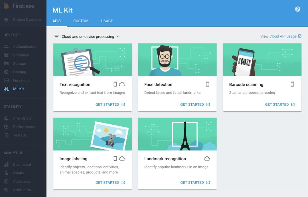 The ML Kit section in the Firebase Console. 