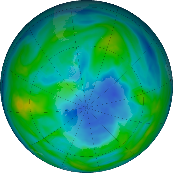 The latest satellite measurements of ozone from May 14 show the "hole" that still exists over the South Pole.