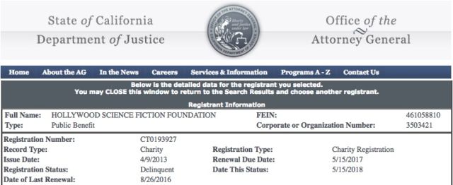 The New Starship Foundation has not filed a <a href="https://www.documentcloud.org/documents/4487137-2014-461058810-0c3f0011-Z.html">990 federal income tax form</a> with the Internal Revenue Service since 2014, when the group showed that it ended the year with more than $158,000 in assets. For nearly two years, the "Hollywood Science Fiction Foundation," which uses the same federal EIN as New Starship, has also been designated as "delinquent" by the California Department of Justice.