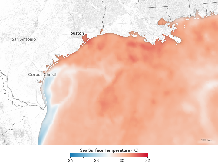 Warm sea surface temperatures on August 23, 2017, just before Hurricane Harvey.
