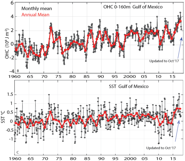 Ocean heat content (OHC, top) and sea surface temperatures (SST, bottom) in the Gulf of Mexico since 1960.