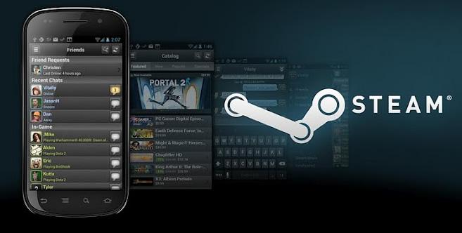 Promotional image superimposes Steam logo over smartphone displaying a list of games.