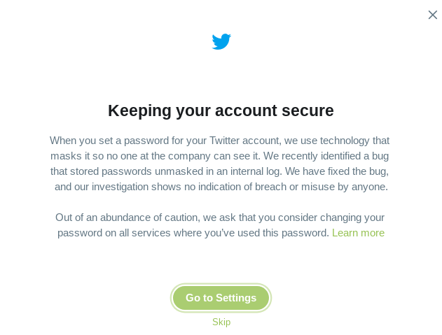 Screenshot of a password warning from Twitter.