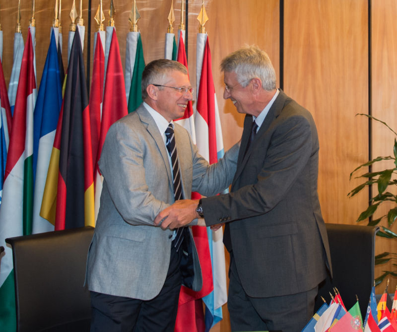 Alain Charmea, left, at the signing of a contract to develop the Ariane 6 launcher.