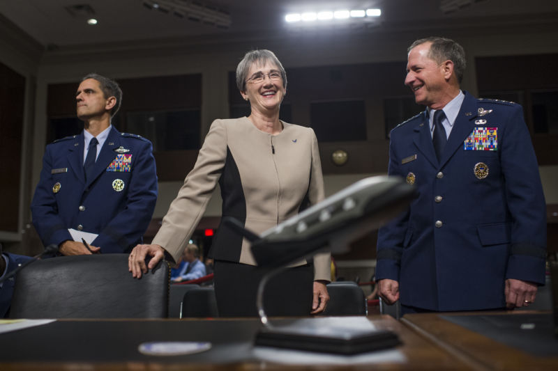 Secretary of the Air Force Heather Wilson and Gen. David L. Goldfein, right, chief of staff, prepare for a Senate Armed Services Committee in 2017.