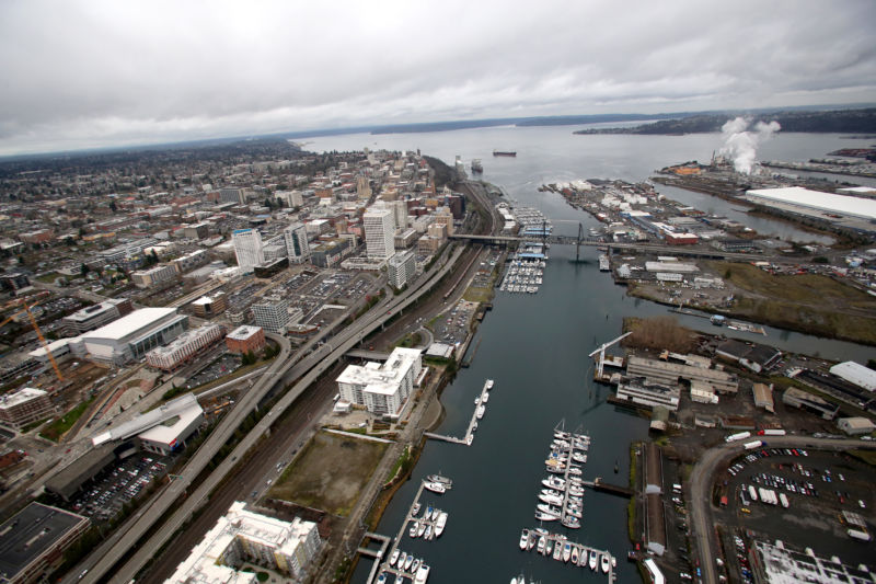 Aerial shot of industrial waterfront.
