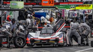 DETROIT, MI - JUNE 02: The #7 Acura DPi of Ricky Taylor and Helio Castroneves, of Brazil, rmakes a pit stop during the IMSA WeatherTech Series race at the Chevrolet Detroit Grand Prix presented by Lear IndyCar race on June 2, 2018 in Detroit, Michigan.