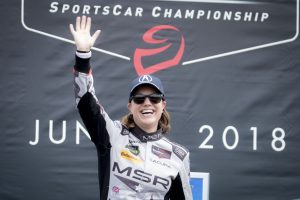 DETROIT, MI - JUNE 02: Katherine Legge, of Great Britain, celebrates after winning the IMSA WeatherTech Series race at the Chevrolet Detroit Grand Prix presented by Lear IndyCar race on June 2, 2018 in Detroit, Michigan.