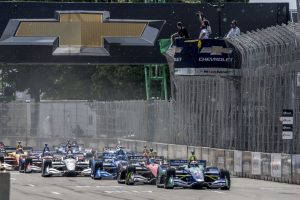 DETROIT, MI - JUNE 03: The green flag waves to start the Chevrolet Detroit Grand Prix presented by Lear IndyCar race on June 3, 2018 in Detroit, Michigan.