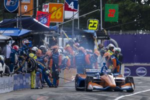 DETROIT, MI - JUNE 03: Scott Dixon, of New Zealand, makes a pit stop in the #9 Honda IndyCar during the Chevrolet Detroit Grand Prix presented by Lear IndyCar race on June 3, 2018 in Detroit, Michigan.