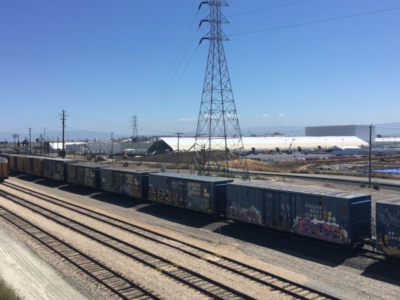 The view of the new Tesla Sprung tent, shot from the Warm Springs BART station.