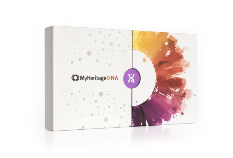 An image of MyHeritage's DNA testing kit, in a white box with a white background