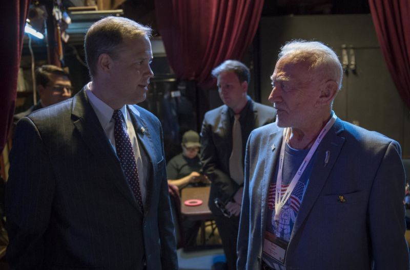 NASA Administrator Jim Bridenstine, left, meets backstage with former NASA astronaut Buzz Aldrin, prior to giving the keynote speech at the Humans to Mars Summit in May 2018 at George Washington University in Washington. 