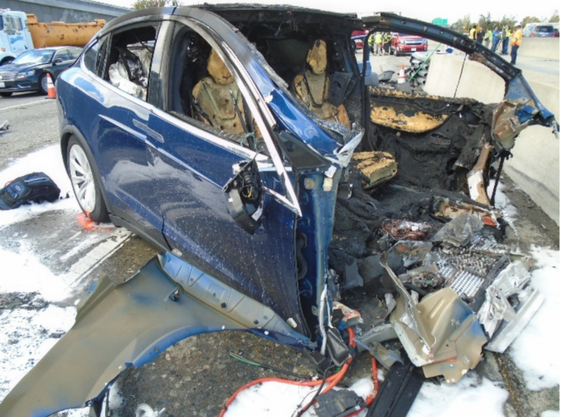 The charred remains of Walter Huang's Tesla Model X.