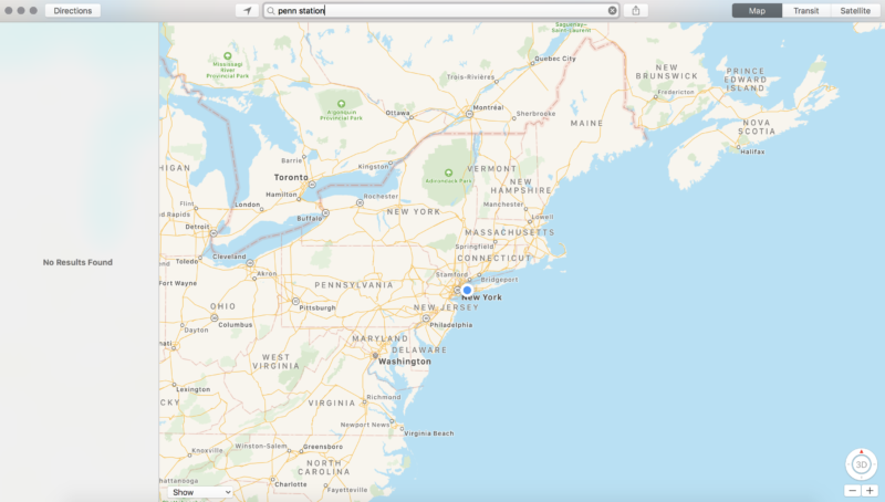 Apple Maps error when searching for Penn Station in New York.