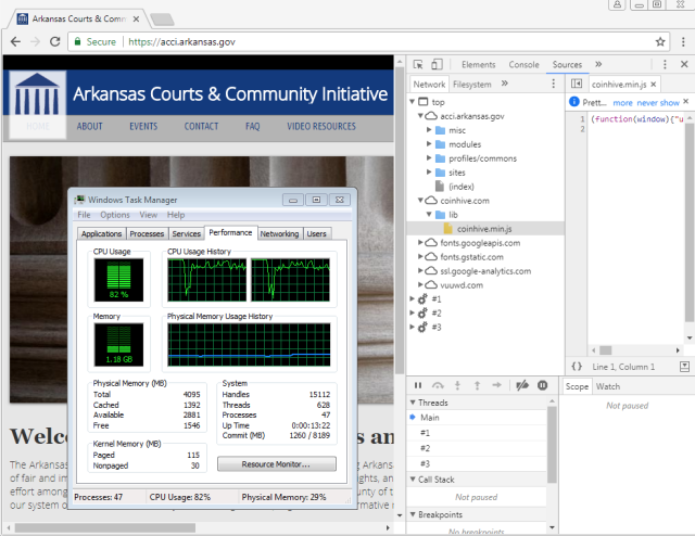 A <a href="https://arstechnica.com/information-technology/2018/04/drupalgeddon2-touches-off-arms-race-to-mass-exploit-powerful-web-servers/">Drupalgeddon2</a> exploit used to install cryptomining code on the website of the Arkansas Courts and Community Initiative.