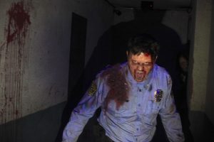 A Resident Evil 2 zombie cosplayer