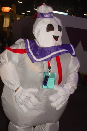 A Stay-Puft marshmallow man cosplayer