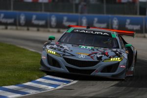Katherine Legge and co-driver Mario Farnbacher piloted their Meyer Shank Racing to victory Saturday in the GTD class at the IMSA WeatherTech SportsCar Championship race on Belle Isle in Detroit, Michigan.