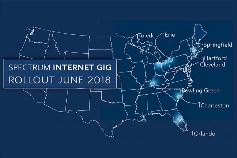 A map showing new locations for Charter's gigabit Internet service.