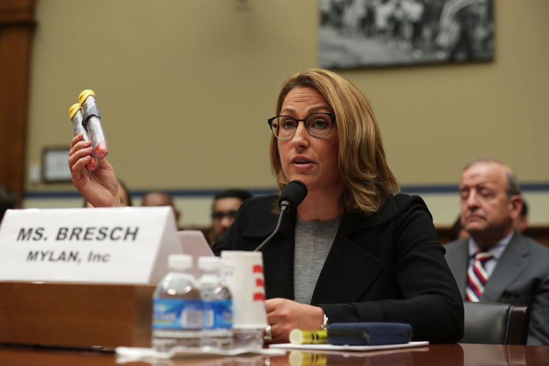 Mylan Inc. CEO Heather Bresch holds up a two-pack of EpiPen as she testifies during a hearing before the House Oversight and Government Reform Committee September 21, 2016 on Capitol Hill in Washington, DC. 